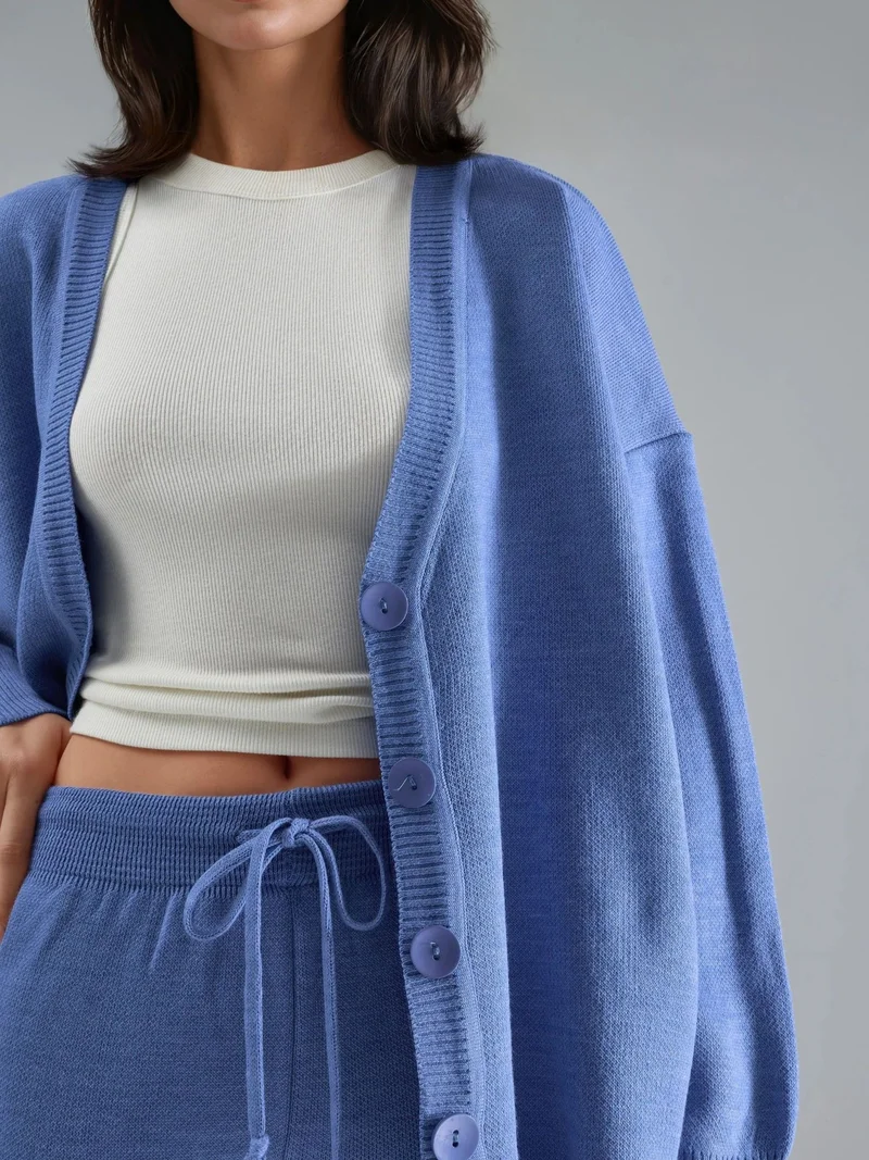 MY FASHION Baby Blue MY FASHION V-Neck Cardigan and Wide Leg Pants Knitwear Set for Women | Best Price UAE